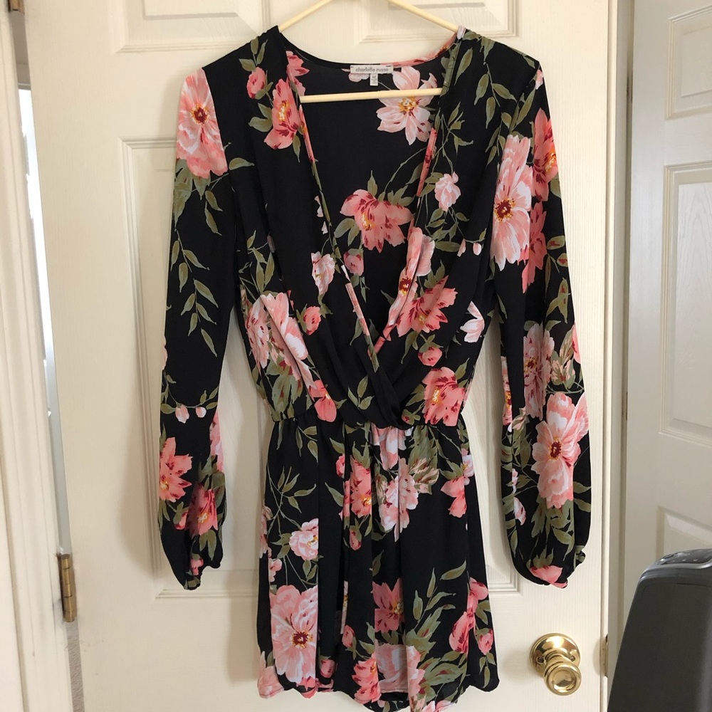 floral romper with a deep V-neck